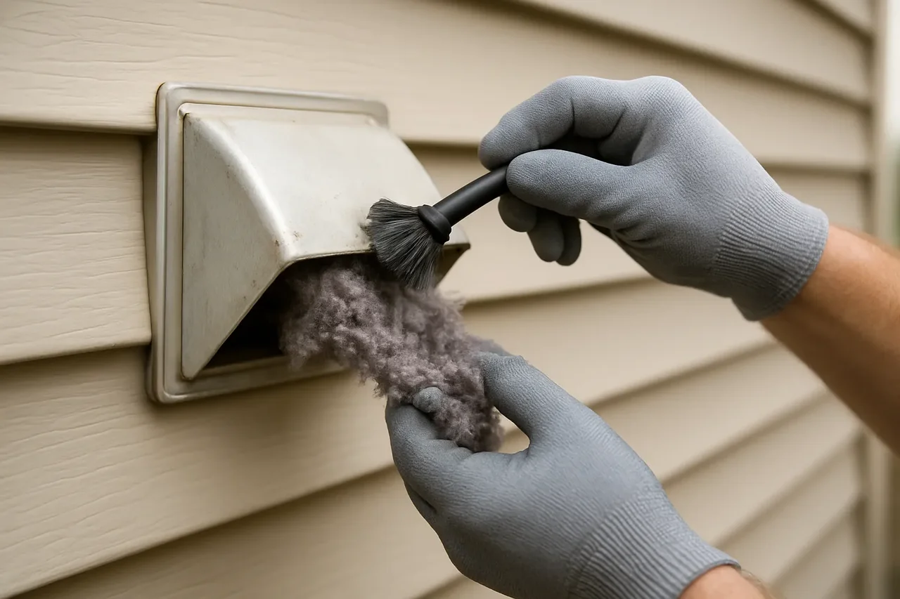 Technician clearing lint from an exterior dryer vent cap on a Knoxville home